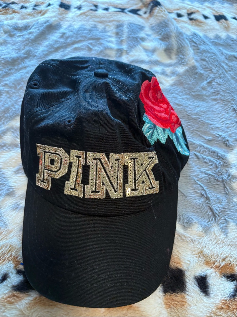 PINK Victoria's Secret Black Baseball Cap with Red Rose Embroidery